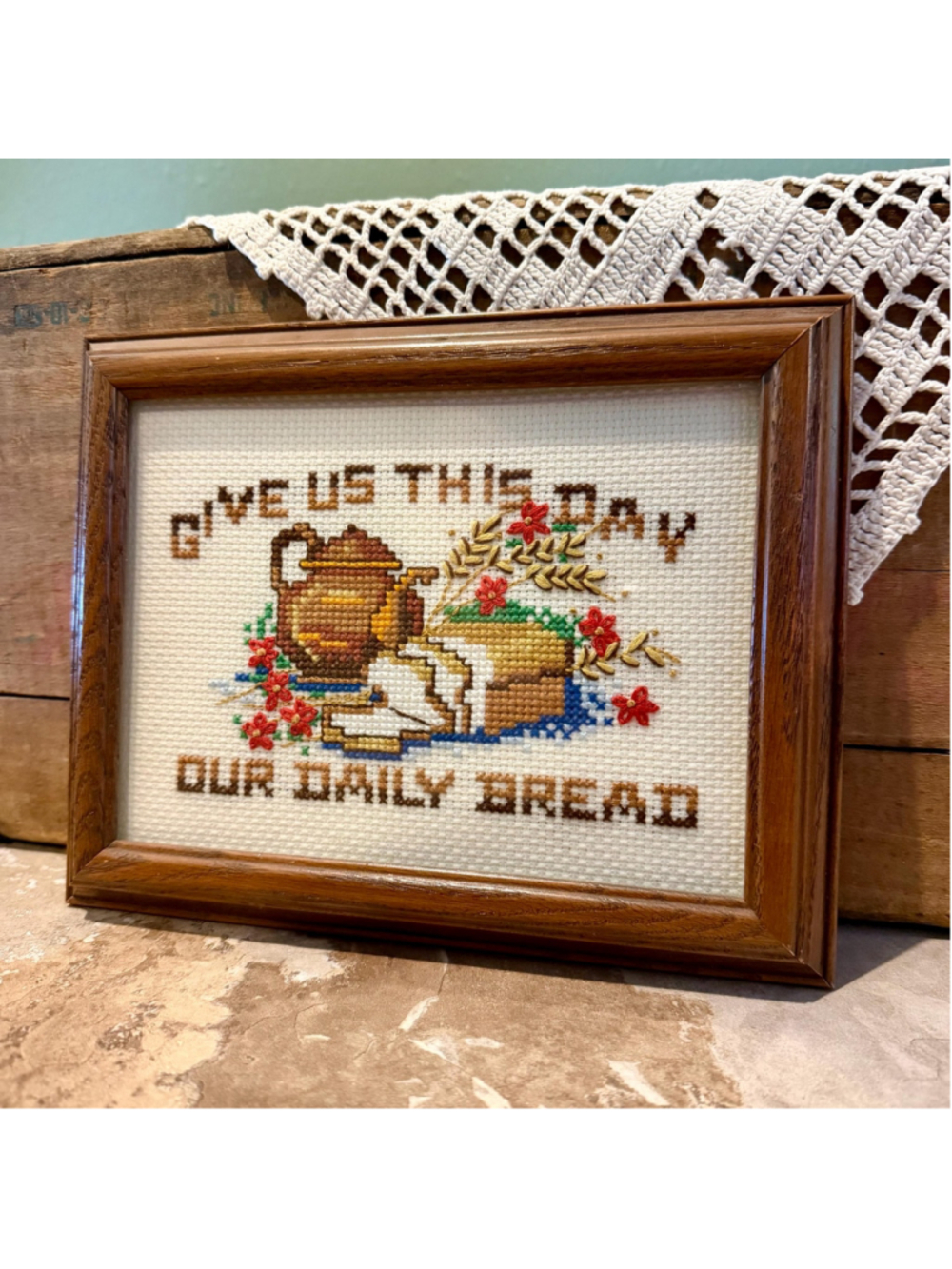 Vintage Cross Stitch Sampler | Daily Bread Blessing, Kitchen Wall Art (Framed)